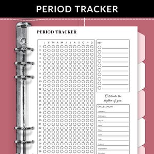 May include: A black and white printable period tracker with a grid of circles for each day of the month, labeled with the months of the year and numbers 1 through 28. The tracker also includes a key and a section for cycle length.