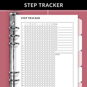 May include: A printable step tracker page with a grid of circles for each day of the year. The page is labeled "STEP TRACKER" and includes sections for "KEY" and "NOTES".