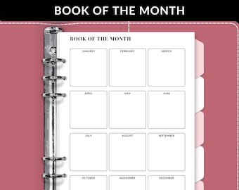 Może przedstawiać: Biała strona planera do wydrukowania z czarną ramką i tekstem "Book of the Month" u góry. Strona jest podzielona na dwanaście sekcji, po jednej na każdy miesiąc roku.