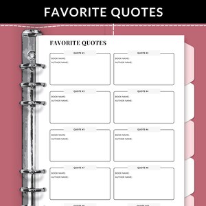 Favorite Quotes Bullet Journal Page Printable, Reading Journal, Reading Log, A5 Journal Page, Book Journal, Reading Planner, Reading Tracker