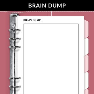 May include: A white page with the text "BRAIN DUMP" at the top, inside a pink binder with a silver ring mechanism.