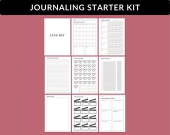 May include: A black and white printable journaling starter kit with pages for monthly planning, habit tracking, mood tracking, sleep tracking, gratitude journaling, movie tracking, and monthly reflections. The kit includes the word "January" on one of the pages.