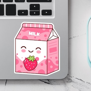 Autocollant mignon de lait aux fraises, carton de lait kawaii, autocollant alimentaire, autocollant pour ordinateur portable bouteille d'eau journal