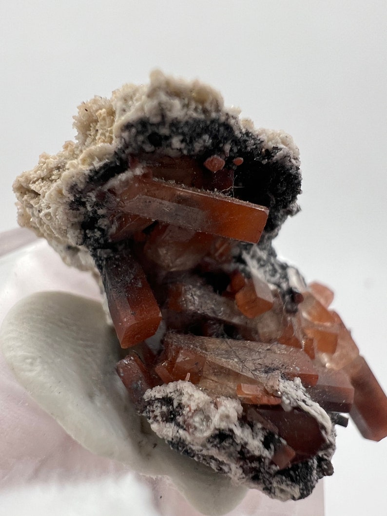 Puede incluir: Primer plano de un esp&eacute;cimen mineral con grupos de cristales de color marr&oacute;n rojizo. Los cristales se encuentran sobre una matriz negra y blanca. La formaci&oacute;n mineral est&aacute; sobre una superficie blanca.