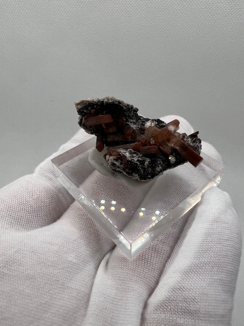 Puede incluir: Un esp&eacute;cimen mineral con grupos de cristales de color marr&oacute;n rojizo sobre una matriz oscura. Los cristales est&aacute;n dispuestos en un patr&oacute;n radial. El esp&eacute;cimen se exhibe sobre una base cuadrada de acr&iacute;lico transparente.