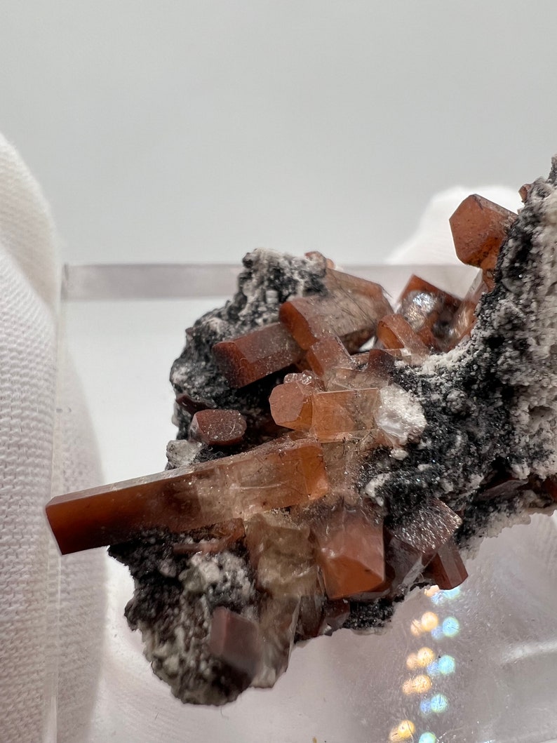 Puede incluir: Un grupo de cristales de aragonito de color marr&oacute;n rojizo sobre una matriz oscura y moteada. Los cristales transl&uacute;cidos tienen forma prism&aacute;tica. La matriz es una mezcla de minerales negros y grises, con peque&ntilde;as manchas blancas.