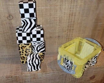 8 Stackable and knockable fidget office blocks Handmade water proof 1 inch real wood zebra cheetah checker pattern