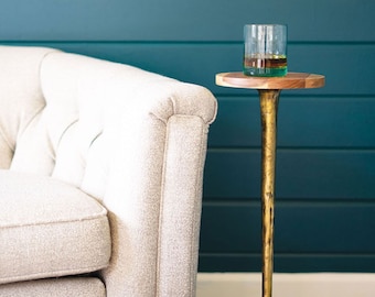 Antique Brass Cocktail Table with Acacia Wood Top