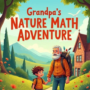 Puede incluir: Ilustración colorida de un abuelo y su nieto en un paseo por la naturaleza. El texto "Grandpa's NATURE MATH ADVENTURE" se muestra en rojo. La pareja camina por un sendero, con una casa y árboles al fondo.