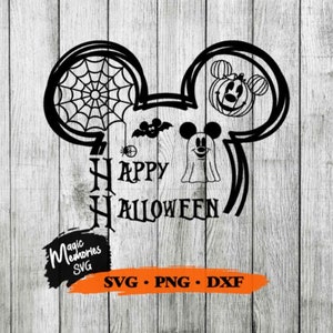 May include: Black and white silhouette of Mickey Mouse ears with Halloween themed images inside, including a spider web, a ghost, a bat, and a pumpkin. The text "Happy Halloween" is written below the ears.
