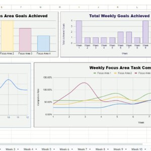 May include: A spreadsheet showing a weekly task completion rate chart, a weekly focus area task completion rate chart, and a summary of total daily tasks completed, total weekly goals achieved, and weekly focus area goals achieved. The spreadsheet shows that 208 daily tasks were completed and 25 weekly goals were achieved.