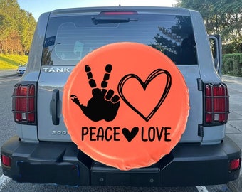 Peace & Love Leather Spare Tire Cover, Personalized Waterproof Tire Cover, Funny Gesture Tire Protector for All Vehicles, Rap Hippop Lover