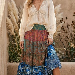 Silk Blend Patchwork Long Maxi Skirt | Tiered Boho Resort Wear Clothing