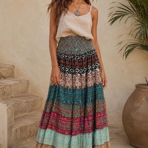 Patchwork Boho Strech Pull-On Long Skirt | Recycled Silk Blend Fabrics | Tiered Hippie Resort Wear