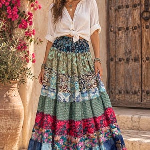May include: A long, tiered maxi skirt featuring a patchwork design with various floral and geometric patterns in shades of blue, green, pink, and white, paired with a white button-down shirt with rolled sleeves and a tied front hem.