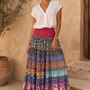 Multi-Color 70% Silk Patchwork Boho Maxi Skirt | Tiered Full Skirt | Island Muse Artisan Clothing