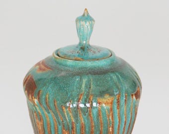 Ceramic Jar with Matching Lid / Teal & Brown