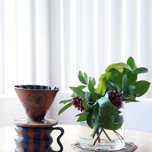 May include: A ceramic pour-over coffee maker with a matching mug, featuring a brown and blue color scheme. The coffee maker has a cone-shaped filter holder with a circular design. A glass vase with green leaves and red flowers sits nearby.