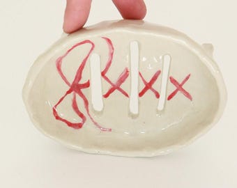 Ceramic Soap Dish with Red Lace Pattern