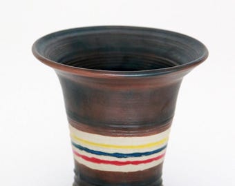 Wide Rim Ceramic Vase / Brown with Stripes