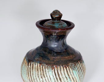 Ceramic Jar with Matching Lid / Teal & Brown