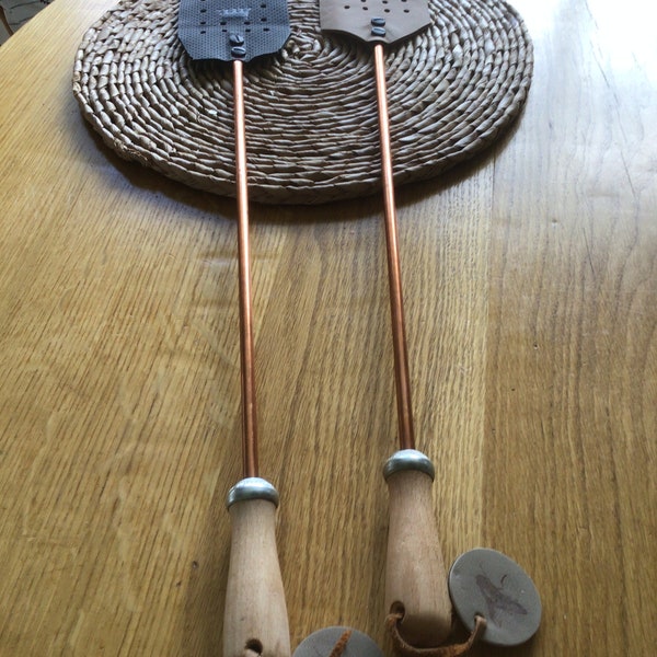 Hand crafted from off cuts of real leather FLY SWATTER attached to polished copper tube and solid beech handle.