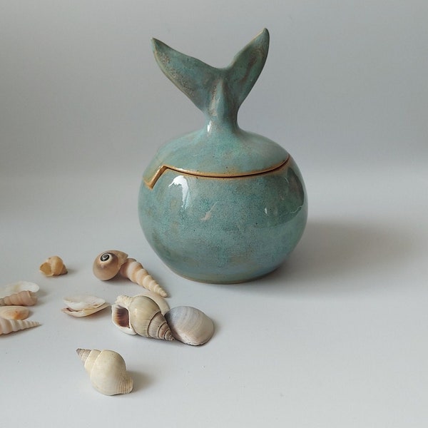 Ocean life inspired, Fish tail Ceramic box, Handmade pottery jar with lid, jewelry or treasures box, original artisan gift