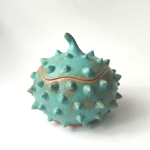 Puede incluir: Un tarro de cerámica turquesa con tapa, con una superficie texturizada y numerosas protuberancias puntiagudas. El tarro tiene forma redondeada con un pequeño tallo en la parte superior. La tapa encaja perfectamente.