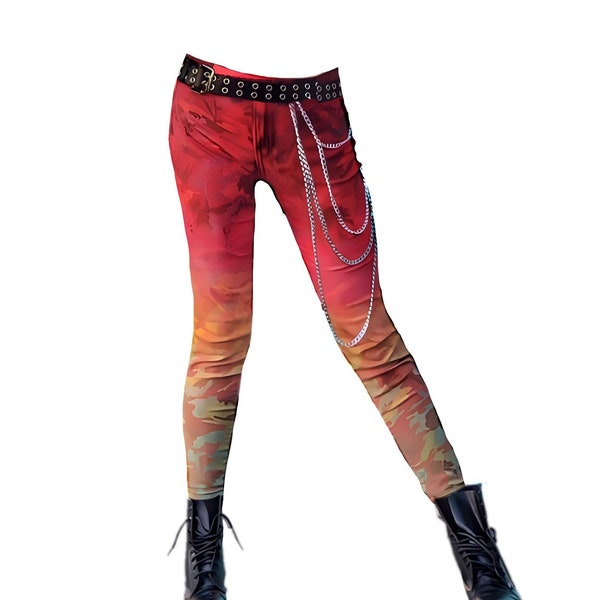 Tie Dye Camo Skinny Jeans, High Waisted Dip Dye Camouflage Cropped Pants Rave Outfit Distressed Bleach Red Yellow Green Rainbow Rasta Unique
