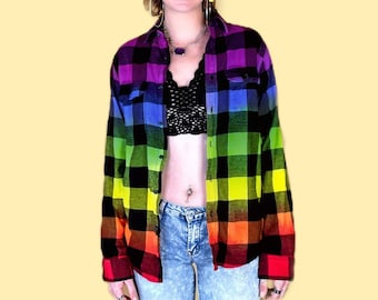 Rainbow Tie Dye Flannel - Handmade Gradient Pride Flag Shirt - Purple Buffalo Plaid Shirt - Custom Rainbow Pride Flannel Shirt