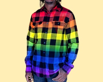 Rainbow Tie Dye Flannel - Custom Gradient Pride Rainbow Flannel Shirt - Handmade Pride Festival Buffalo Plaid Shirt - Grunge Hippie Punk