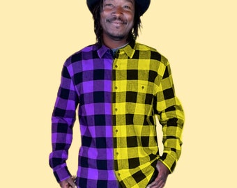 Custom Yellow & Purple Flannel - Handmade Tie Dye Buffalo Plaid Shirt - Lakers Fan Flannel Shirt - Bright Yellow Purple dip dye mens shirt