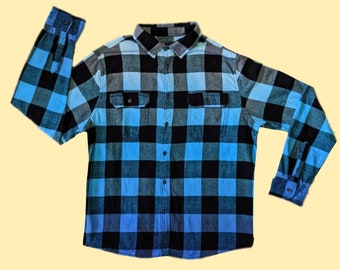 Blue Gradient Flannel Shirt Tie Dye - Baby Blue to Navy Blue Dip Dye Buffalo Plaid Lumberjack Shirt - Ombre Blue Flannel