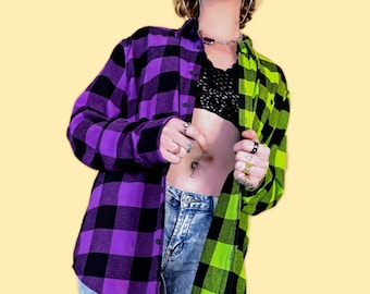 Purple Neon Green Flannel - Custom Tie Dye Buffalo Plaid Shirt - Handmade Punk 90s Grunge Hippie Festival - Joker Flannel Shirt Halloween