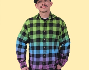 Mens Green Blue Purple Flannel - Custom Gradient Buffalo Plaid Shirt - Handmade Neon Tie Dye Lumberjack Flannel Shirt - Unique Hippie Grunge