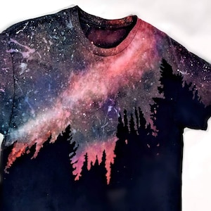 Handmade Galaxy Reverse Tie Dye Graphic Tee - Black Milky Way Forest Camping Bleach Acid Wash T Shirt - Stars Festival Oversized grunge rave