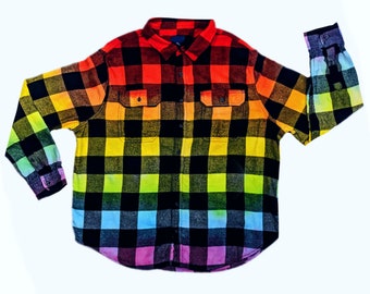 Rainbow Tie Dye Flannel Shirt Dip Dye Gradient - Pride Rainbow Flannel Shirt - Unisex Grunge Hippie Punk Pride Festival Buffalo Plaid Shirt
