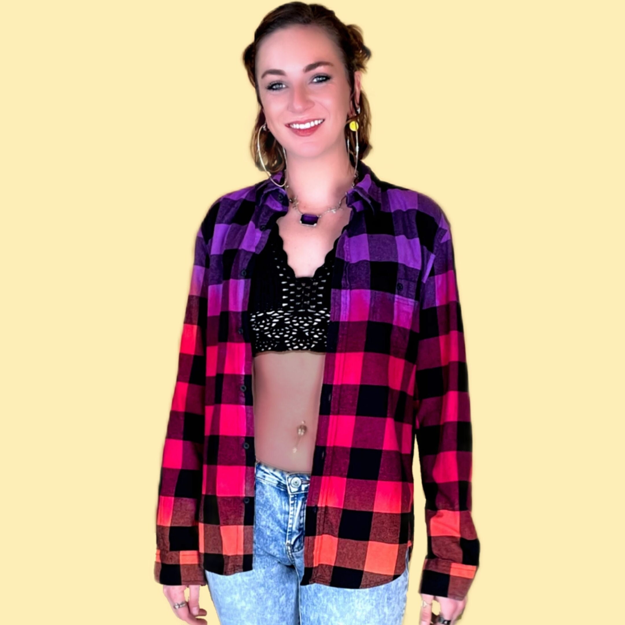 Womens Purple Hot Pink Orange Flannel - Handmade Gradient Womens Purple Hot Pink Orange Flannel - Handmade Gradient