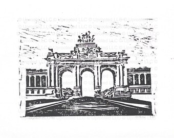 Brussels Cinquantenaire Lino Carving Printed in Ink by Hand, Fine Art Brussels Print, Brussels Belgium, Brussels Gifts, Souvenir art