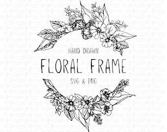 Handgezeichnete Blumenrahmen Clipart: Botanische Linie Kunst SVG & PNG (Digitaler Download)