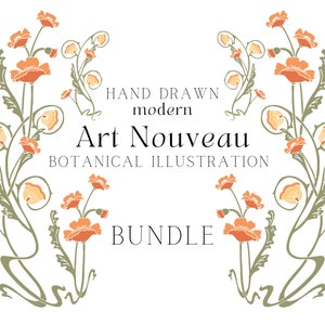 BUNDLE Modern Hand Drawn Botanical SVGs, Art Nouveau Floral Illustrations, floral border svg, floral corner svg