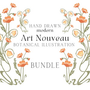 バンドル モダンな手描き植物 SVG、アールヌーボーの花のイラスト、花のボーダー SVG、花のコーナー SVG