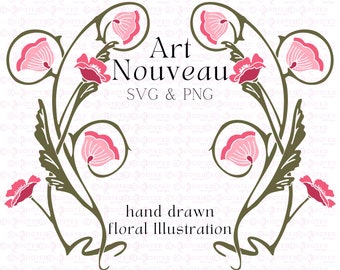 Art nouveau bloemenillustratie, klaprozen en klokjes, SVG en png (digitale download)