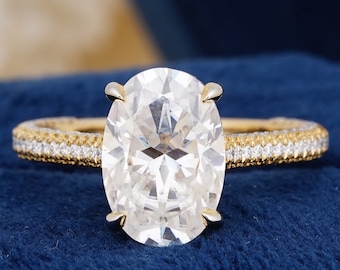 4 Carat Oval Moissanite Hidden Halo Engagement Ring, 14K Yellow Gold Solitaire Bridal Ring