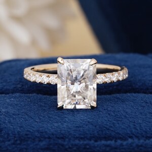 White Gold Radiant Cut Moissanite Engagement Ring: Pave Bridal Ring