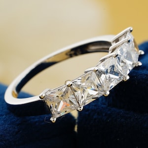 4mm Princess Cut Five Stone Moissanite Engagement Ring, Basket Set Vintage Matching Band For Women, Anniversary Ring For Her, Wedding Band
