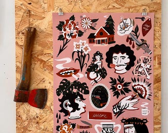 May include: A pink poster with various black and white illustrations, including flowers, a house, and faces, is displayed on a wooden board. An axe with a wooden handle and a red blade is mounted on the board's side. The word "WELCOME" is visible.