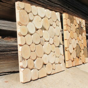Può includere: Due pannelli da parete in legno realizzati con fette di legno di betulla. I pannelli sono disposti in un motivo circolare e sono di colore marrone chiaro.