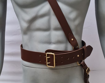 Sam Browne Belt With Crossover Shoulder Strap - Genuine Leather British Military