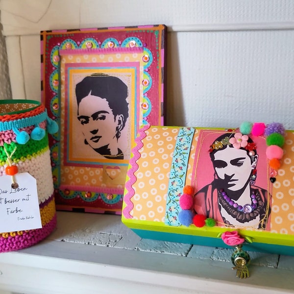 Frida Kahlo, Frida Kahlo Deko, Schmuckkasten, Frida Kahlo Bild, Set Frida Kahlo, Geschenkset für Frauen, Dosen Upcycling,Mexikanische Deko